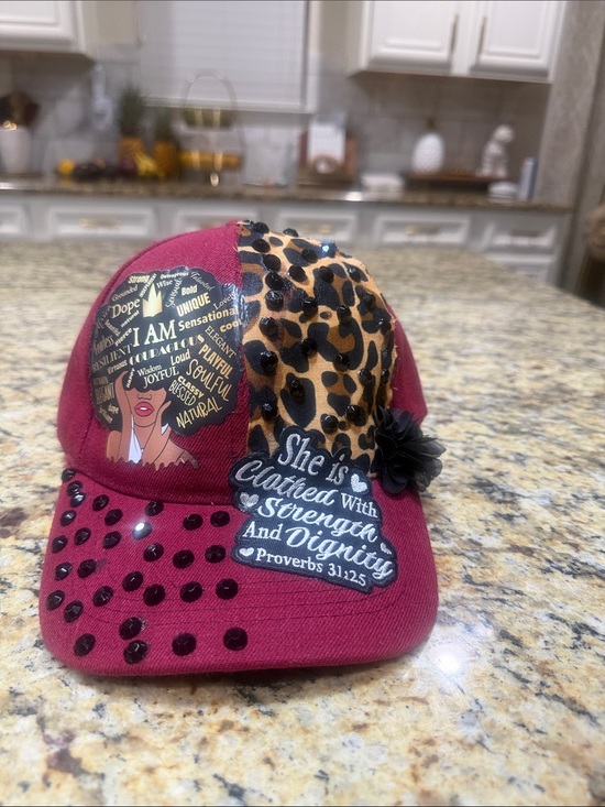 Renee Designs Accessories - Women's Burgundy Embellished Baseball Cap with Leopard Accent
